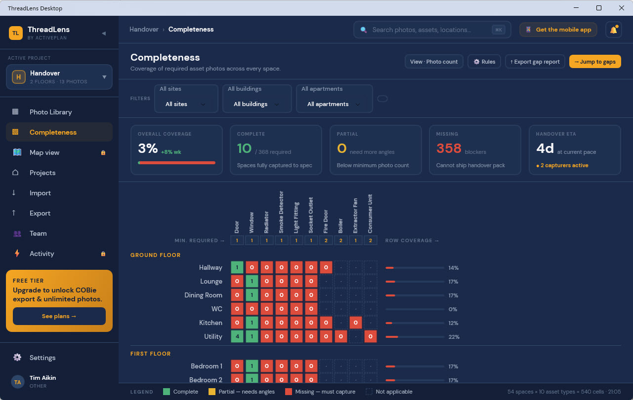 ThreadLens desktop app — Completeness heatmap showing coverage across spaces and asset types