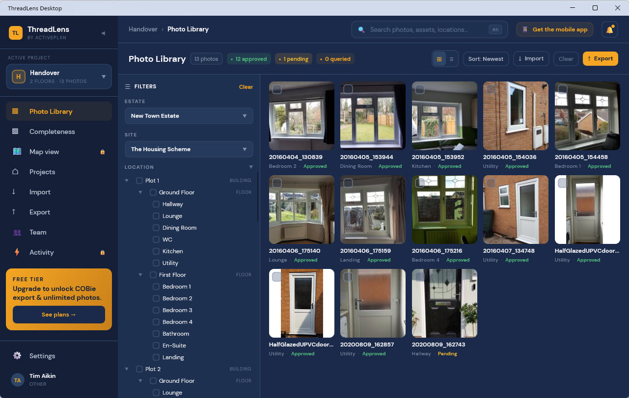 ThreadLens desktop app — Photo Library with grid view, location tree, and approval status