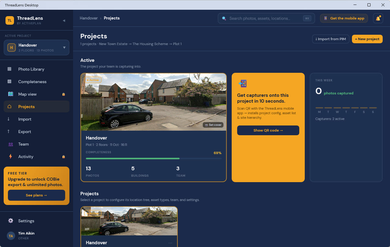ThreadLens desktop app — Projects dashboard with active project and team onboarding